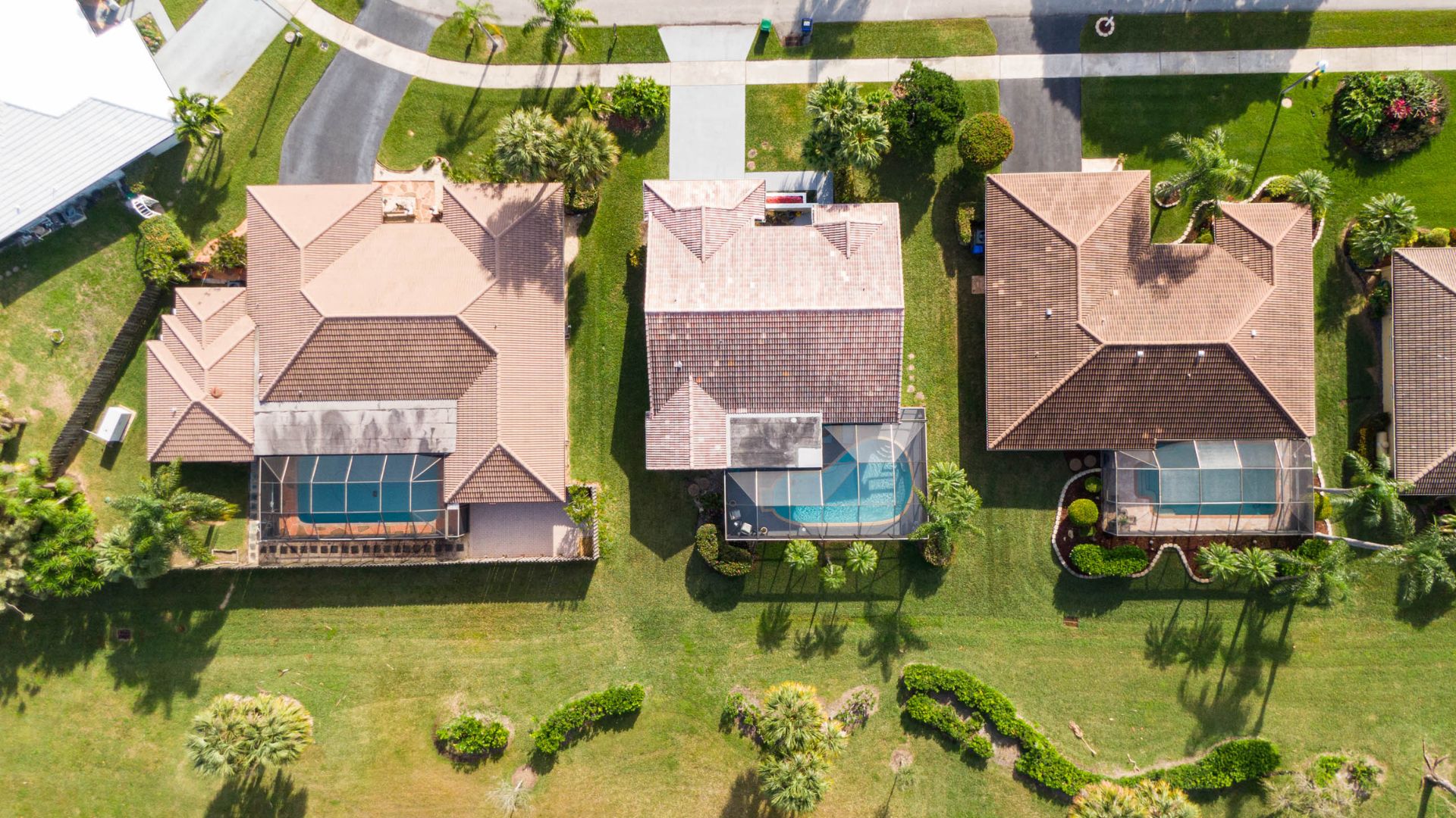 Aerial drone view of a Gulf Coast residential neighborhood