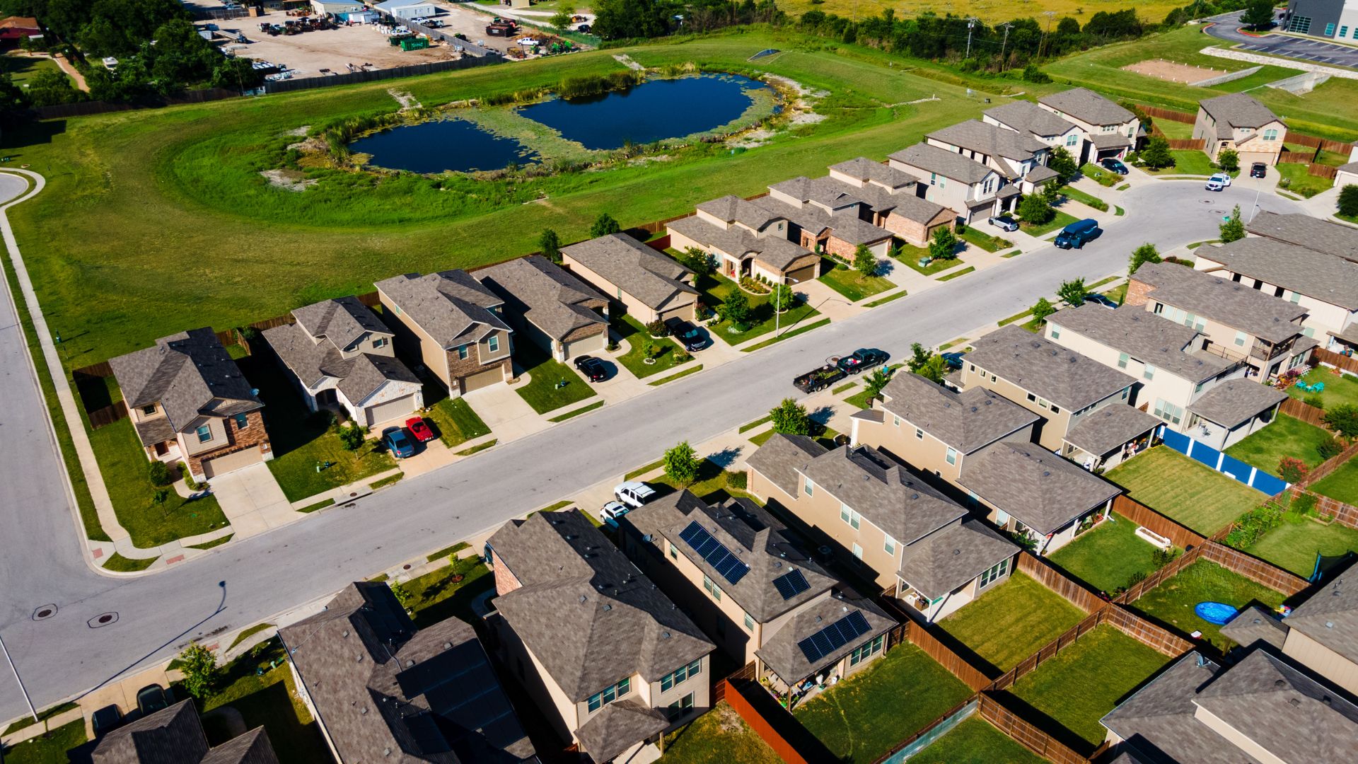 Aerial view of an Emerald Coast neighborhood and waterway
