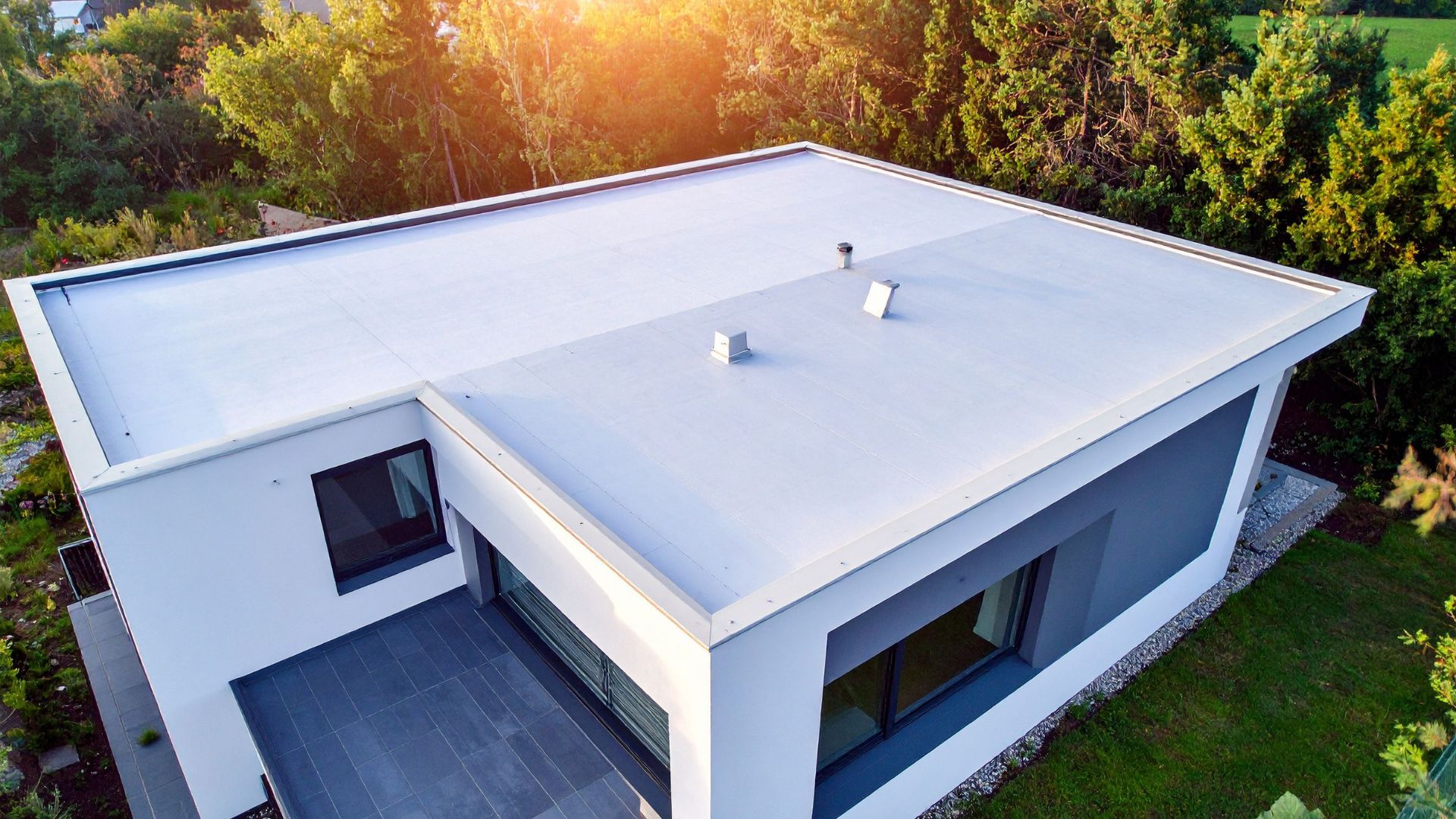 Aerial drone photo of a flat commercial roof for inspection